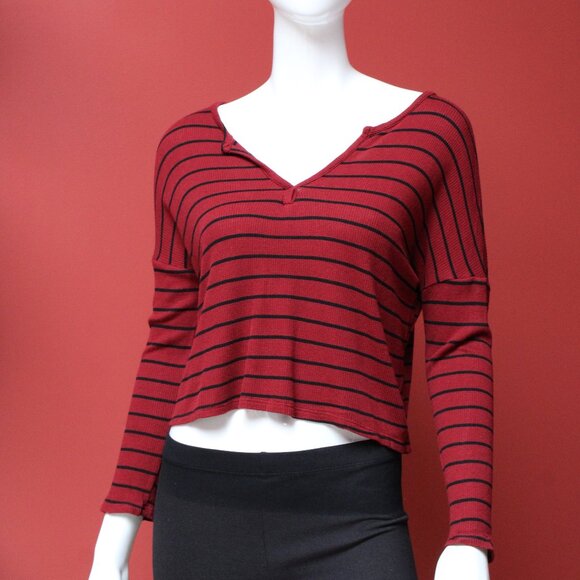 Gaze Red and Black Striped Henley Sweater - Picture 1 of 6